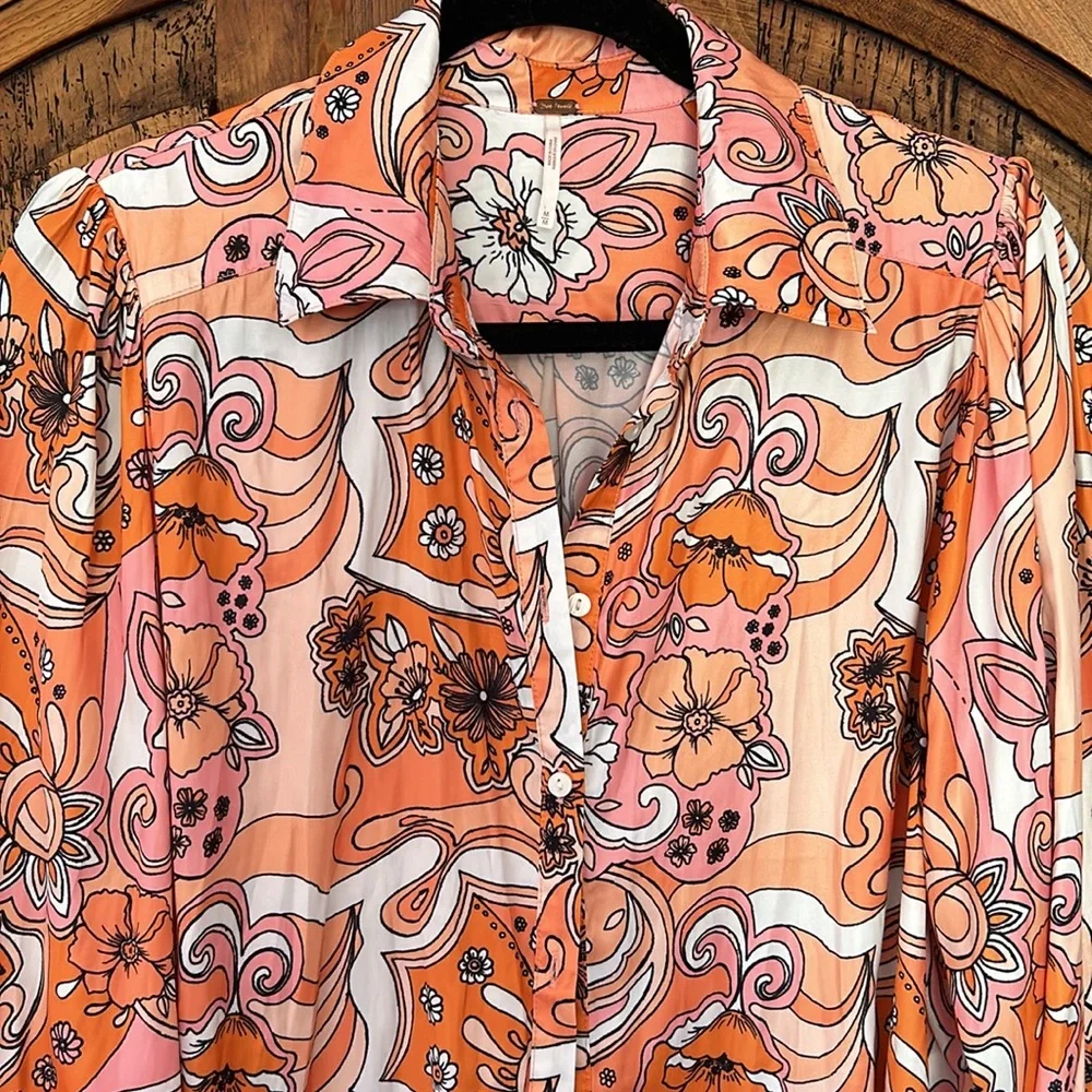 Free People Serena Printed Button Down Silky Floral Boho 70’s Top Blouse Shirt - Picture 9 of 13